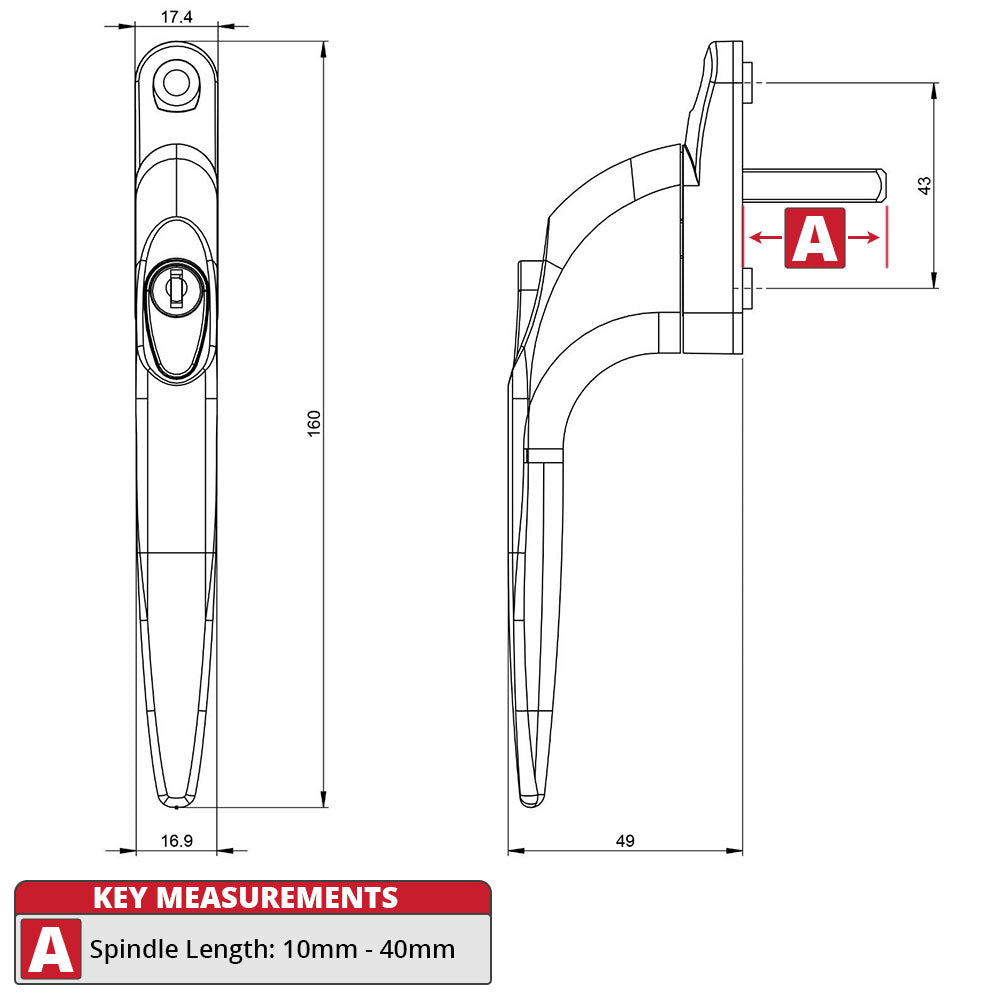 Yale Quartus Inline uPVC Window Handle Technical Details