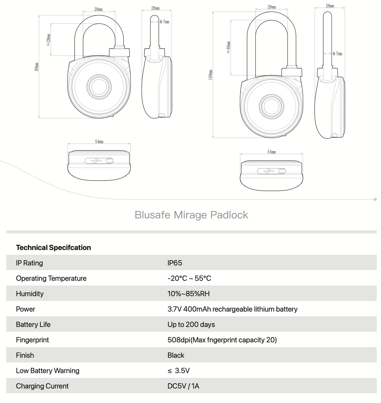 blusafe mirage fingerprint padlock technical