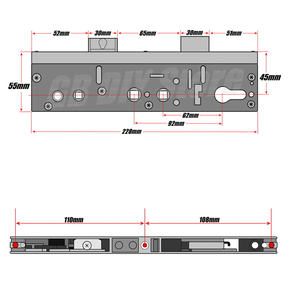 Lockmaster Double Spindle Door Lock Gearbox 45mm Technical Details