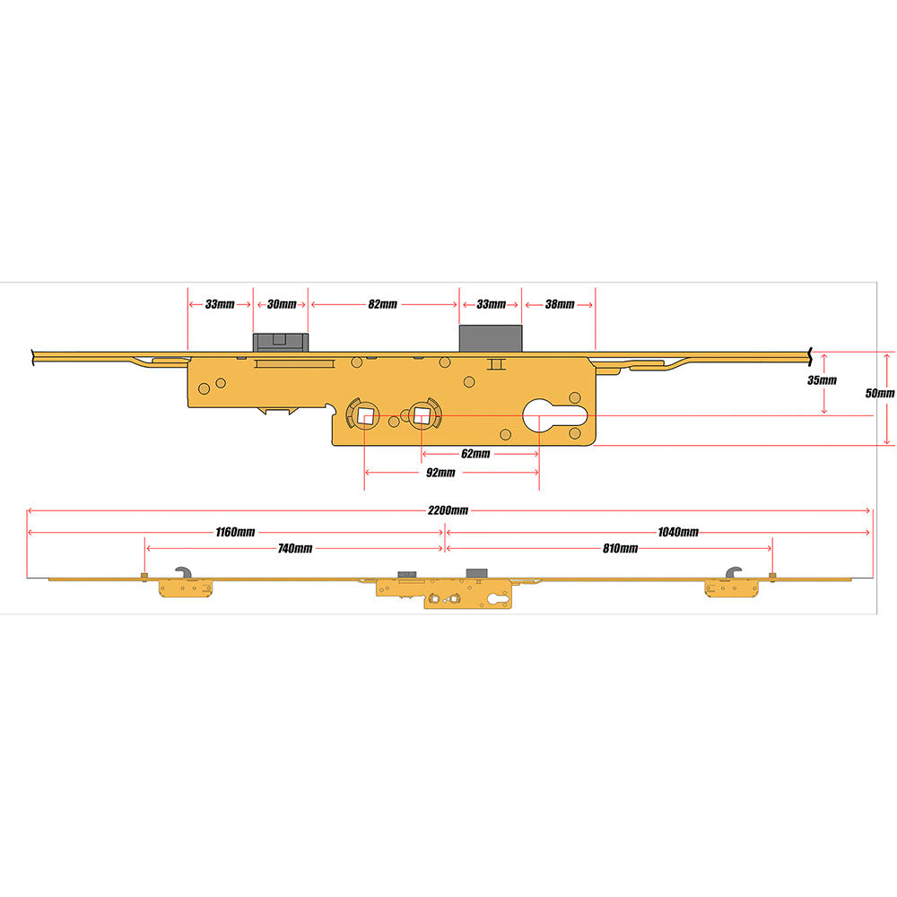 Avocet 2 Hook 2 Roller Door Lock Gold Gearbox Mechanism Technical Details