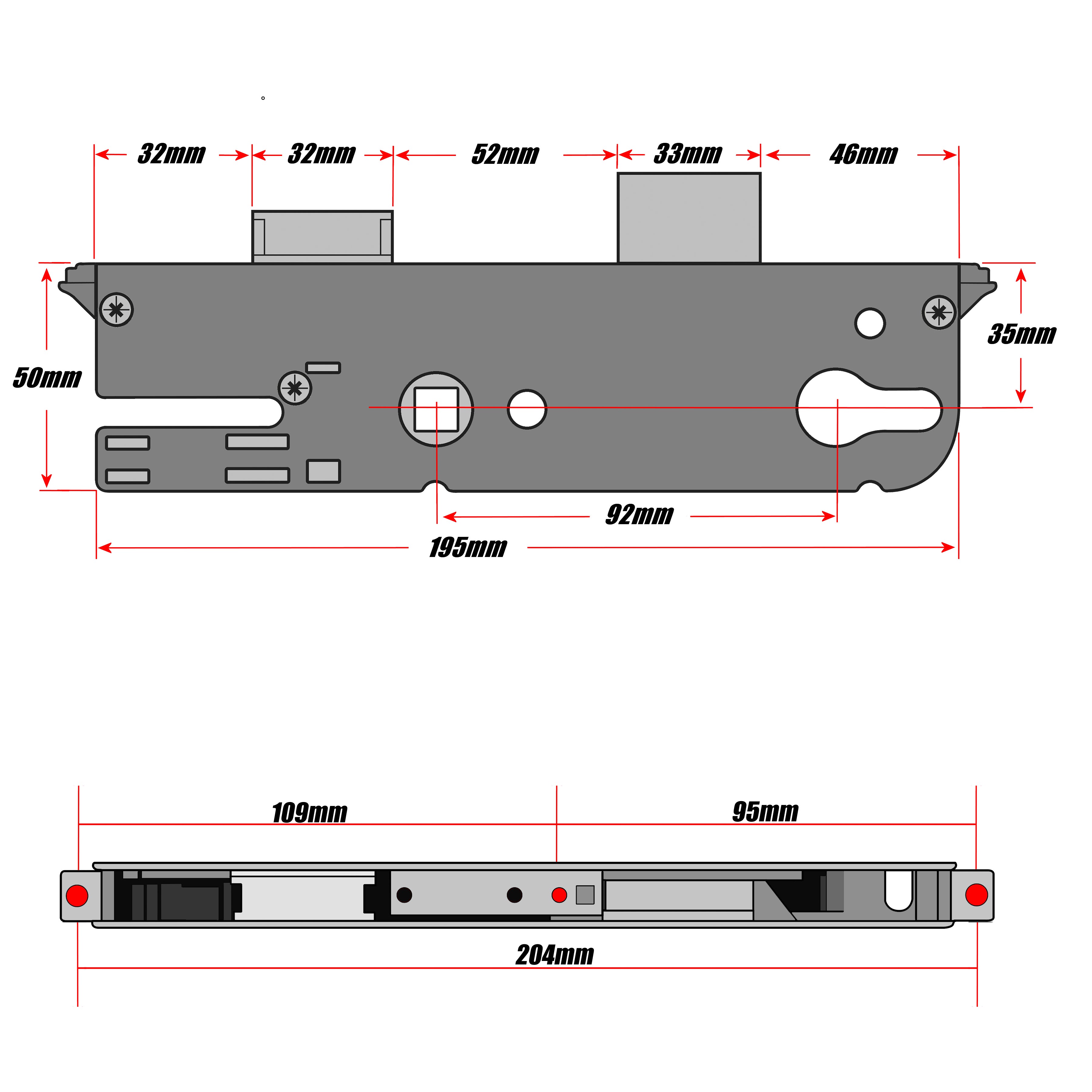 GU New Style Door Lock Gearbox Centre Case 35mm Technical Details