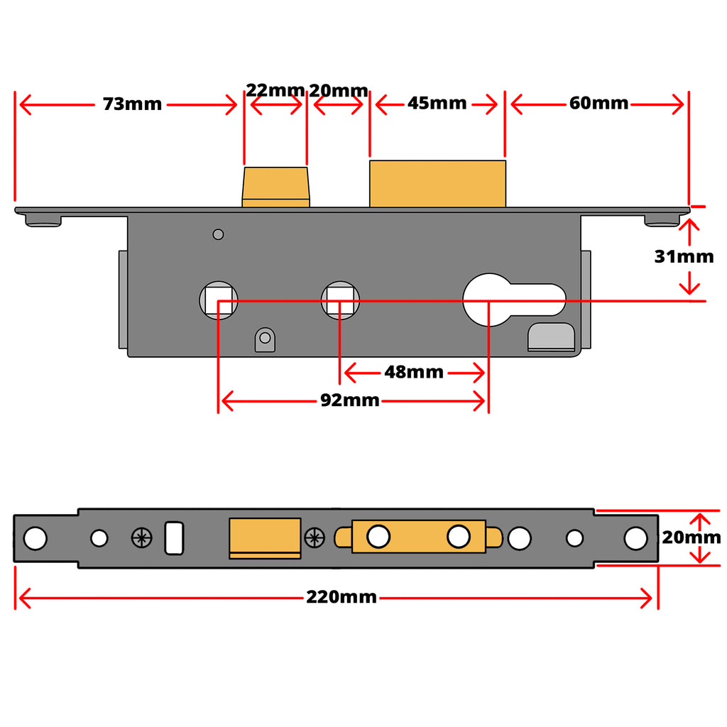 ABT Gibbons Replacement Door Lock Gearbox Centre Case 31mm Without Snib Technical Details